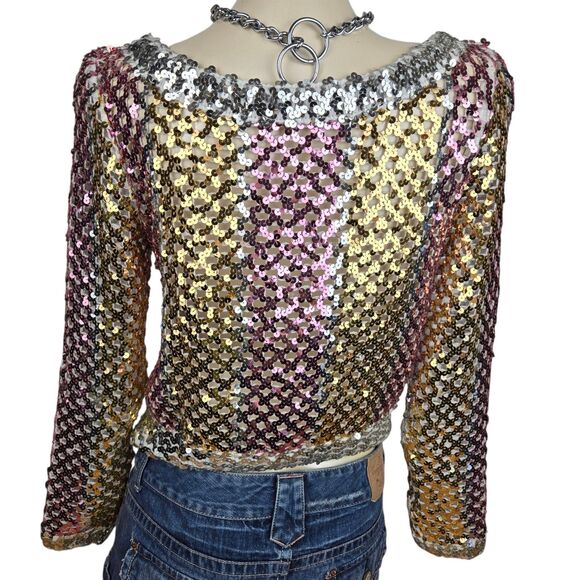 Vtg 70s Lilli Diamond Sequin Knit Top M Long Sleeve V-Neck Fairy Whimsy Disco - Picture 7 of 8